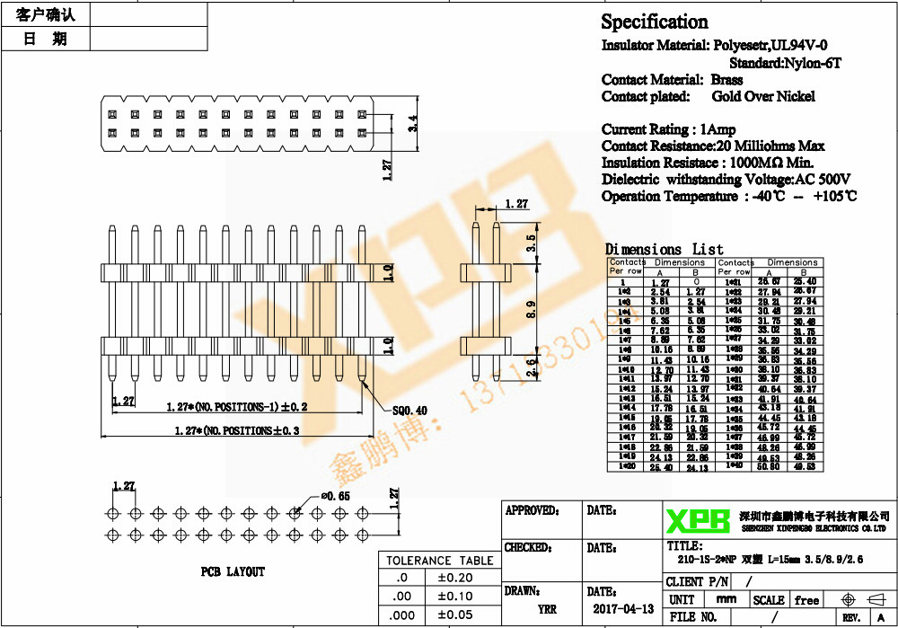 1.27間距 雙排 雙塑 直插 排針連接器規(guī)格書 1.27間距 雙排 雙塑 直插 排針連接器規(guī)格書